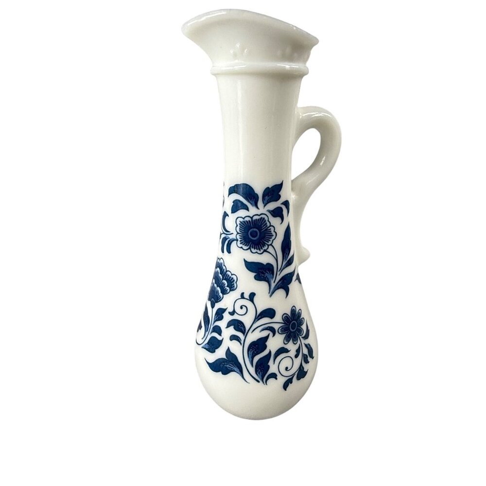 Vintage White Ceramic Container Bud Vase Blue Floral Design, Handle. Avon.